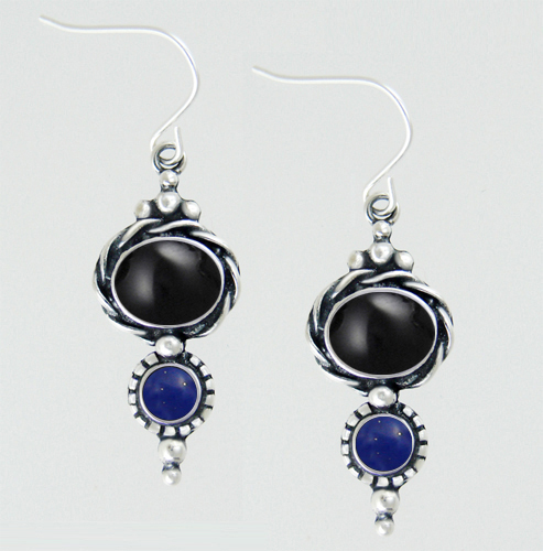 Sterling Silver Black Onyx And Lapis Lazuli Gemstone Drop Dangle Earrings